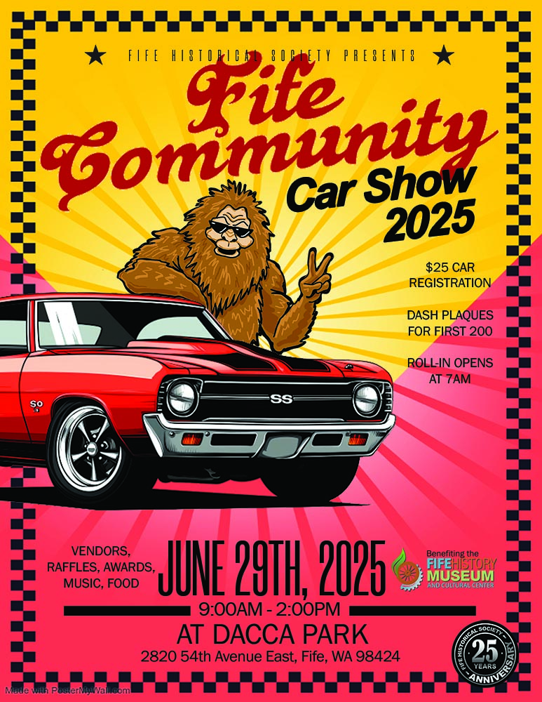 2025 Fife Community Car Show poster with Sasquatch and Classic Chevy Nova